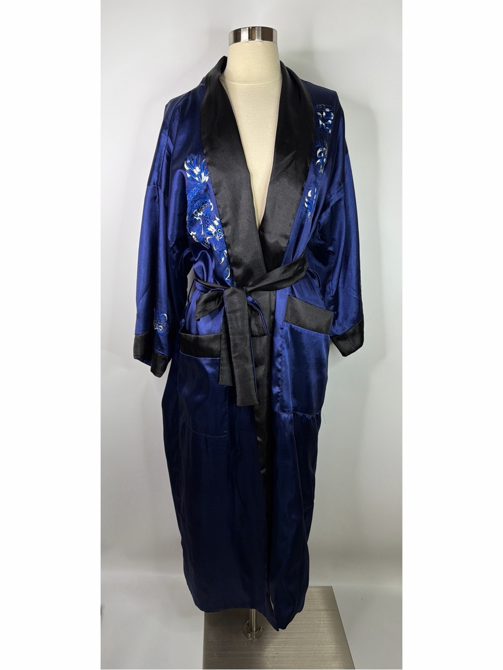 Unbranded Silk-Feel Navy Blue Embroidered Robe with Black Trim